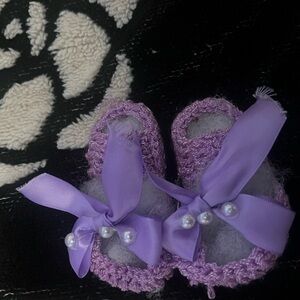 Handmade Purple Baby Shoes with Bow and Pearl Detail